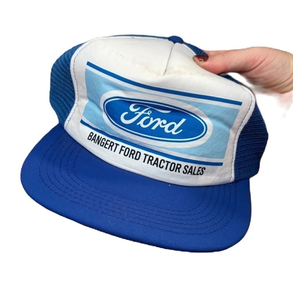 Vintage Ford Tractor Blue White Trucker Hat Mesh SnapBack Puffy